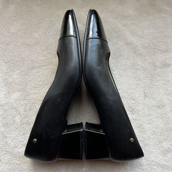 Etienne Aigner Siena Black Leather & Patent Leather Cap Toe Block Heel Pump 7.5 - Picture 2 of 16